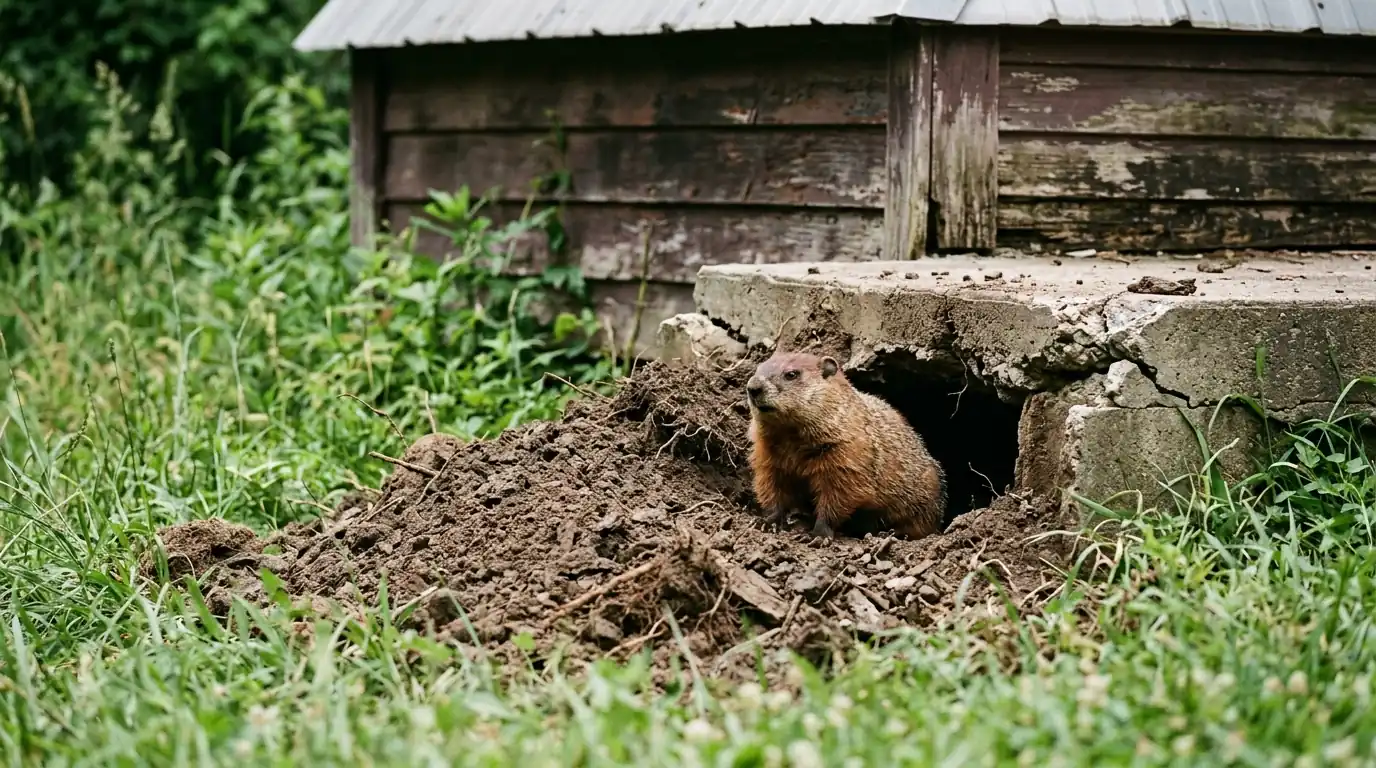 A groundhog at the mouth of a burrow undermining the concrete slab corner of a shed